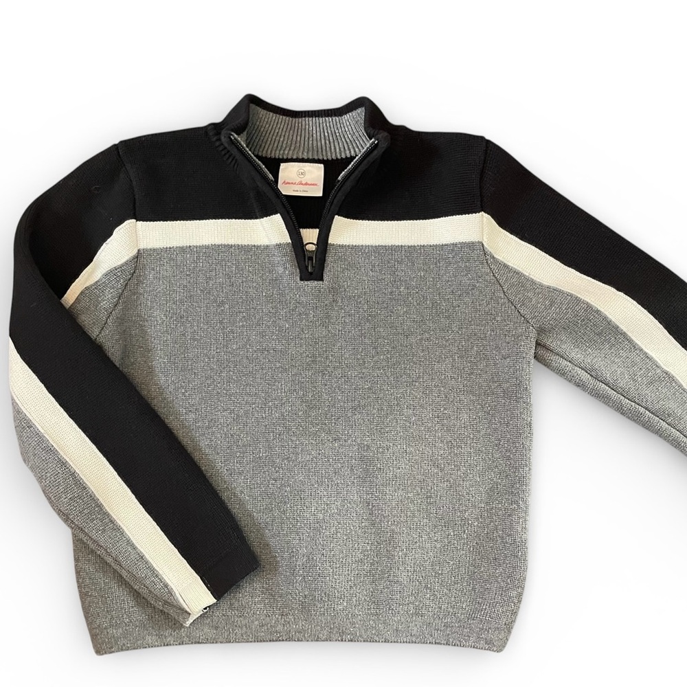 Hanna Andersson Boys Size 130 (8) Black Gray White Quarter Zip Striped Sweater